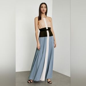 NWOT BCBGMaxAzria Blue Black Chiffon Pleated Maxi Halter Wedding Dress Medium/LG